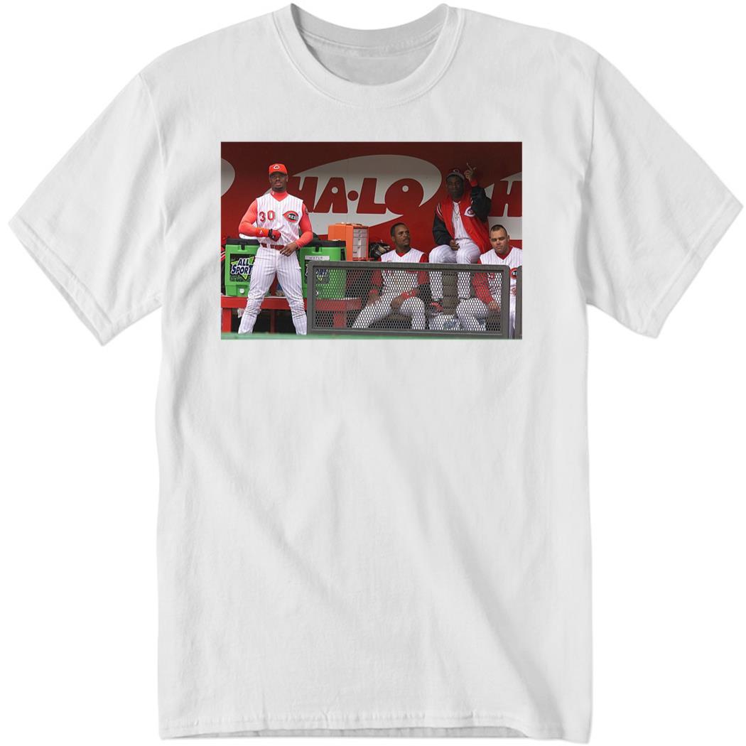 Ken Griffey Jr Barry Larkin And Deion Sanders Together In The Reds Dugout Shirt