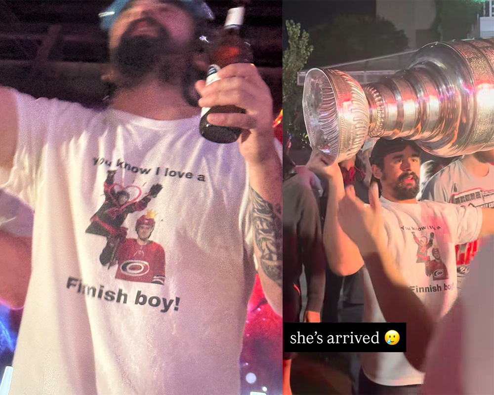 Seth Jarvis Wears You Know I Love A Finnish Boy Shirt at Stanley Cup Celebration Seth Jarvis Wears You Know I Love A Finnish Boy Shirt at Stanley Cup Celebration